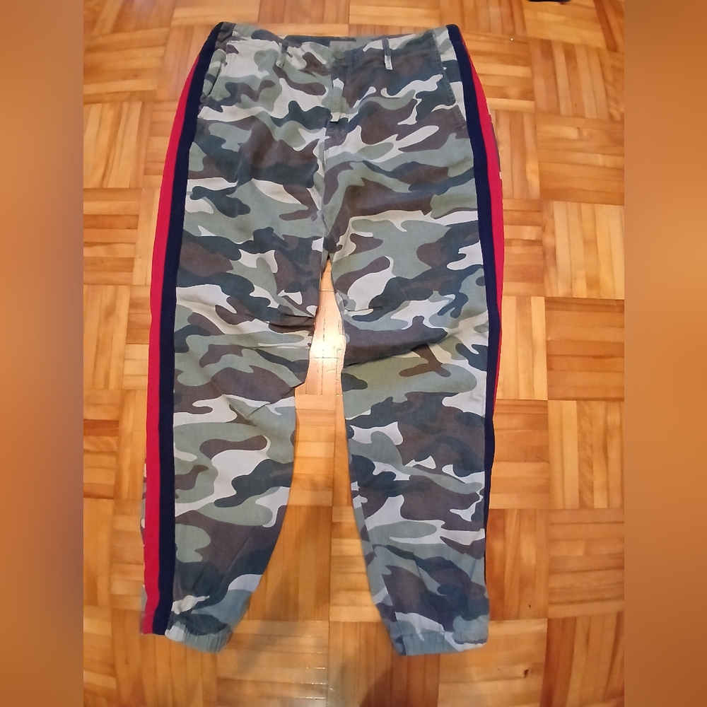 MOTHER Camouflage Joggers with Red and Dark Blue Stripes.Size 28